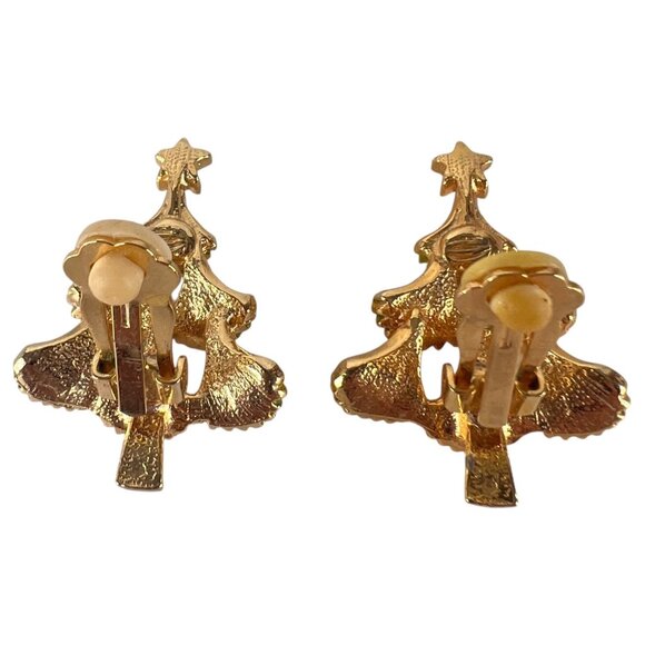 New Vintage Avante Christmas Tree Clip On Earrings Rhinestones Gold Tone Holiday - Picture 5 of 5